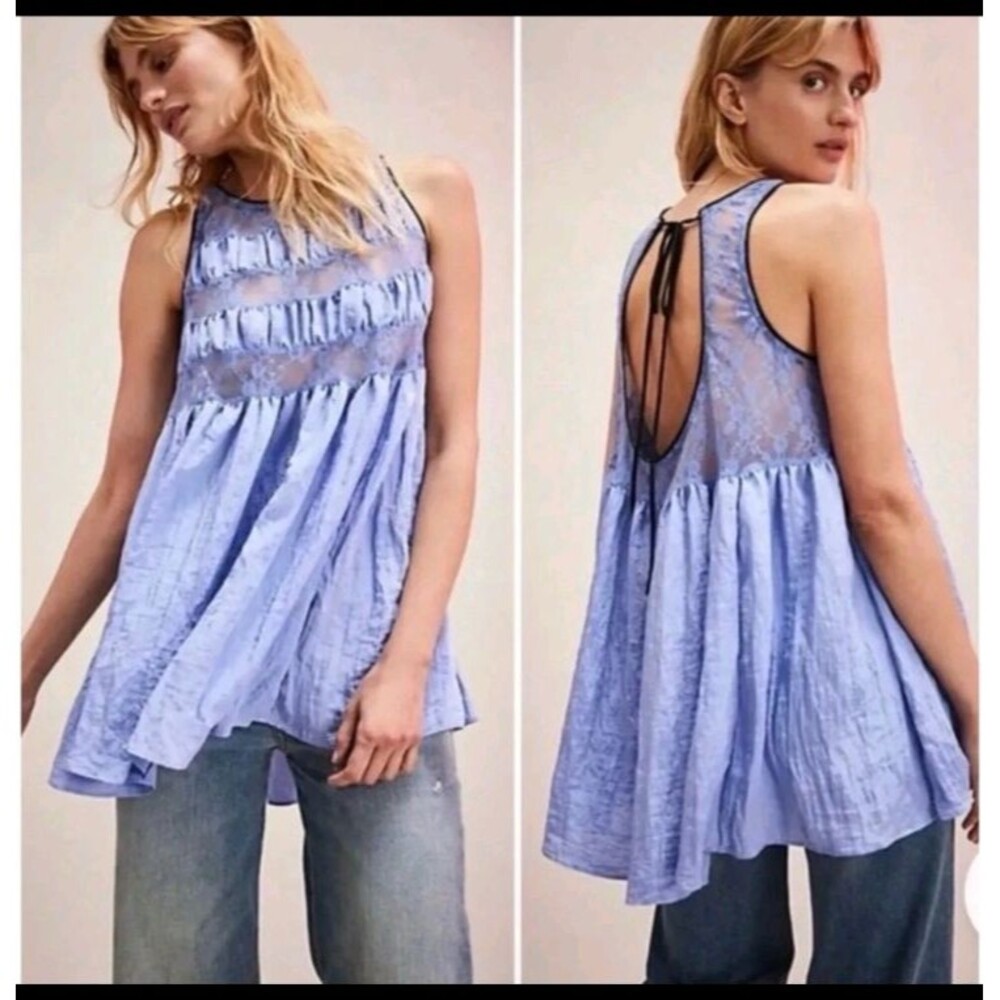 FREE PEOPLE Intimately Current Obsession Mini Slip Tunic Lrg Misty Blue Babydoll